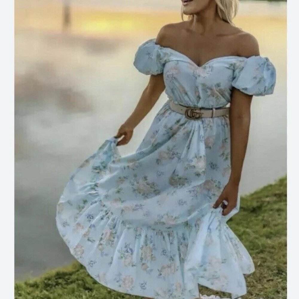 LoveShackFancy Dress Estelle Maxi Blue Floral Puff Sleeve Cottagecore Floral 10